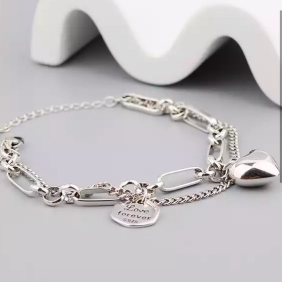 Sterling Silver Heart Love Chain Link Multilayer Bracelet - Picture 3 of 4